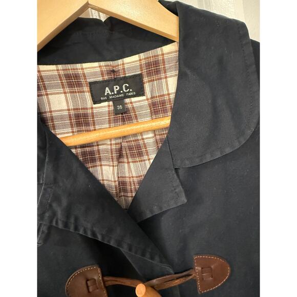 APC Paris S Wax Coated $495 Leather Toggle Duffle Coat Plaid Lined Jacket Black - Picture 6 of 12